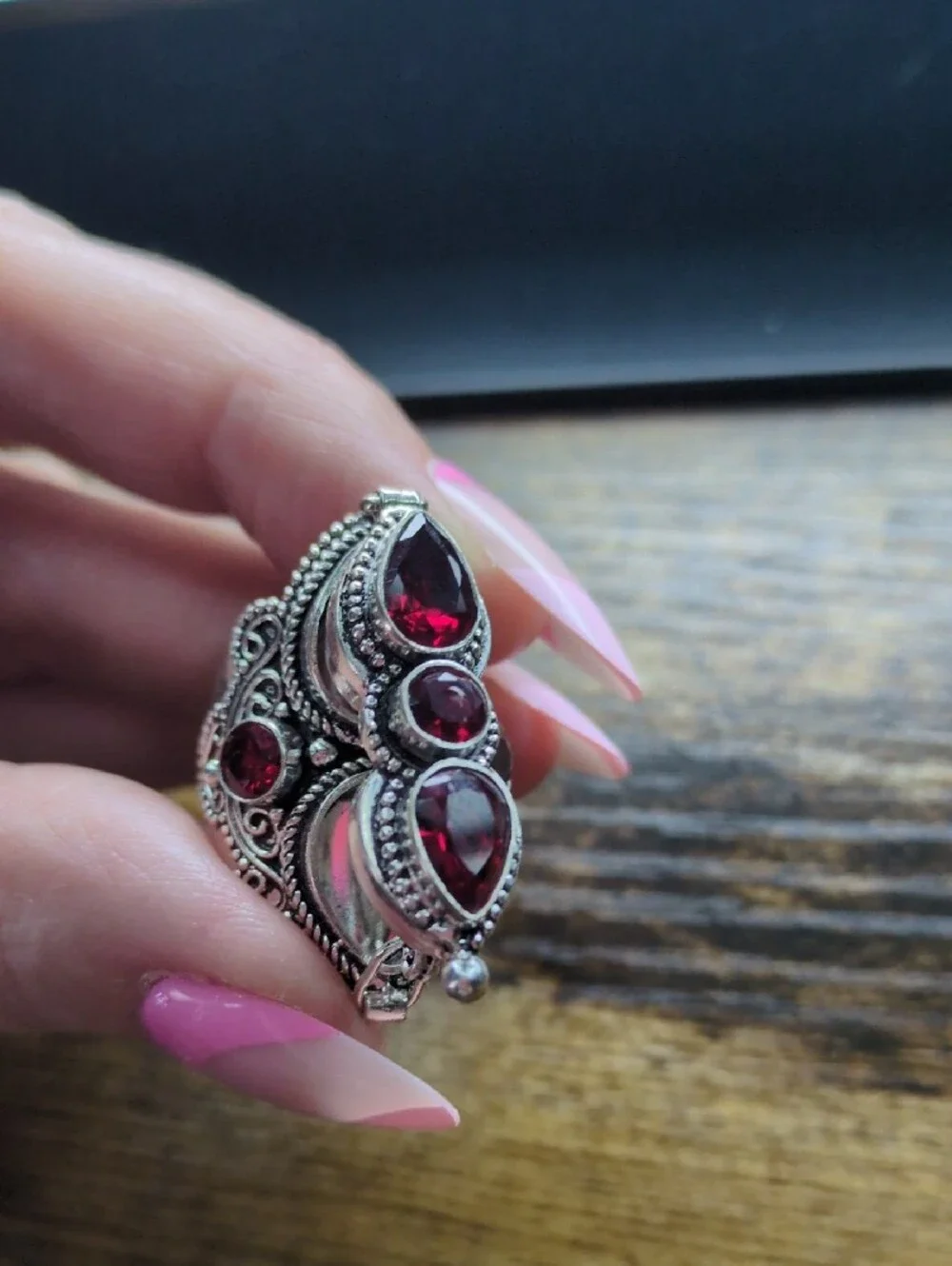 Vintage-Inspired Locket/Poison Ring with Red Garnet Stones+925 Silver